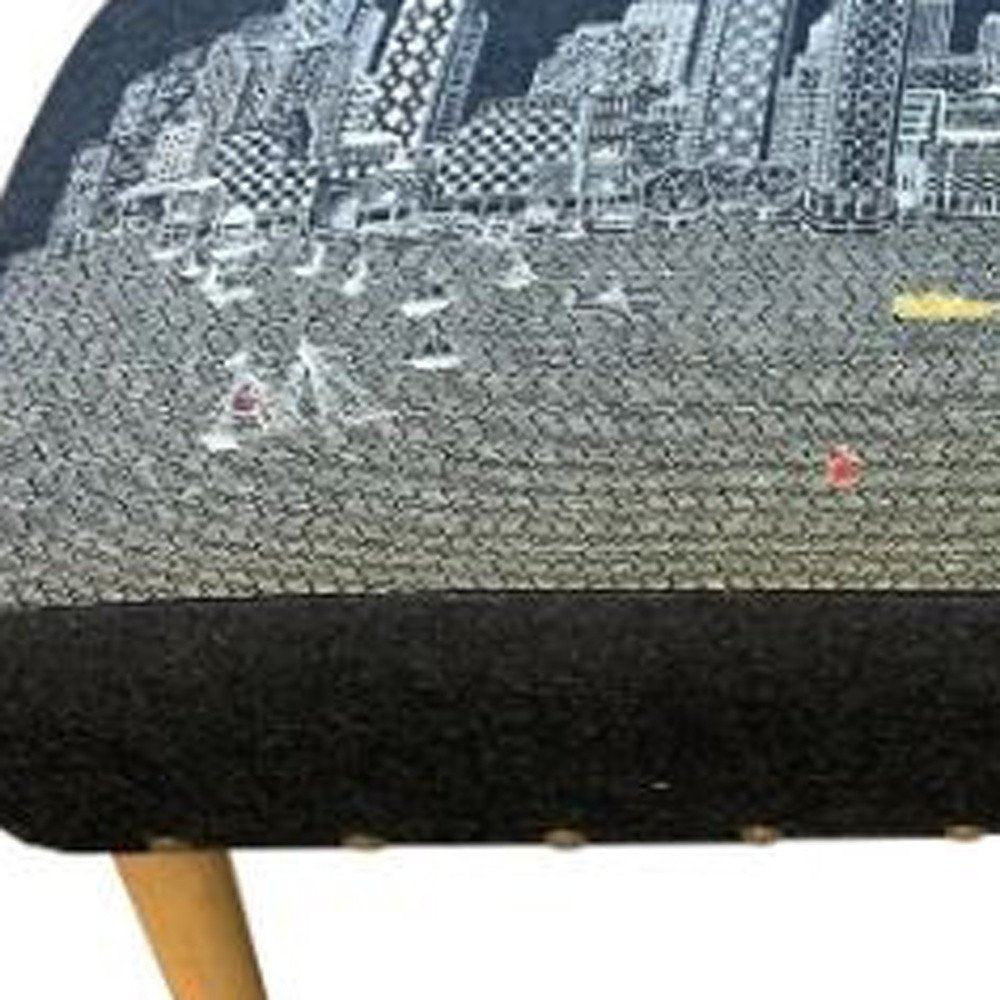 38" Black And Natural Boston Night Skyline Embroidered Ottoman detail shot of the black finish.