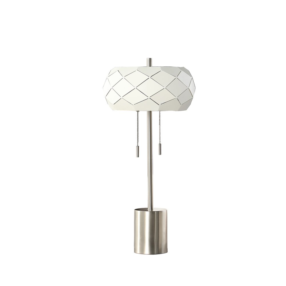 28" Silver Metal Table Lamp With Geometric Laser Cut Metal Shade. Table lamp isolated on a plain white background, finished in silver metal.
