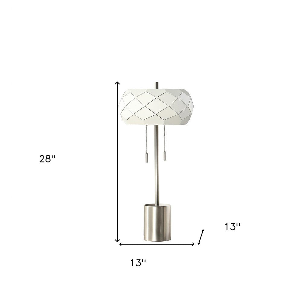 28" Silver Metal Table Lamp With Geometric Laser Cut Metal Shade. Table lamp isolated on a plain white background, showing a silver metal surface.