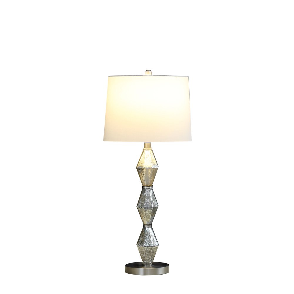 30" Brushed Silver Geo Glass Table Lamp With White Shade. Table lamp isolated on a plain white background, in a silver glass finish.