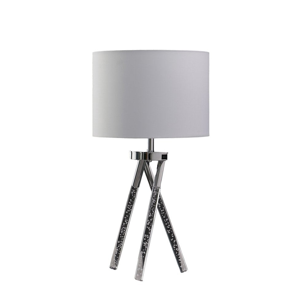 26" Silver and LED Acrylic Tripod Table Lamp With White Shade. Table lamp isolated on a plain white background, showing its silver color.