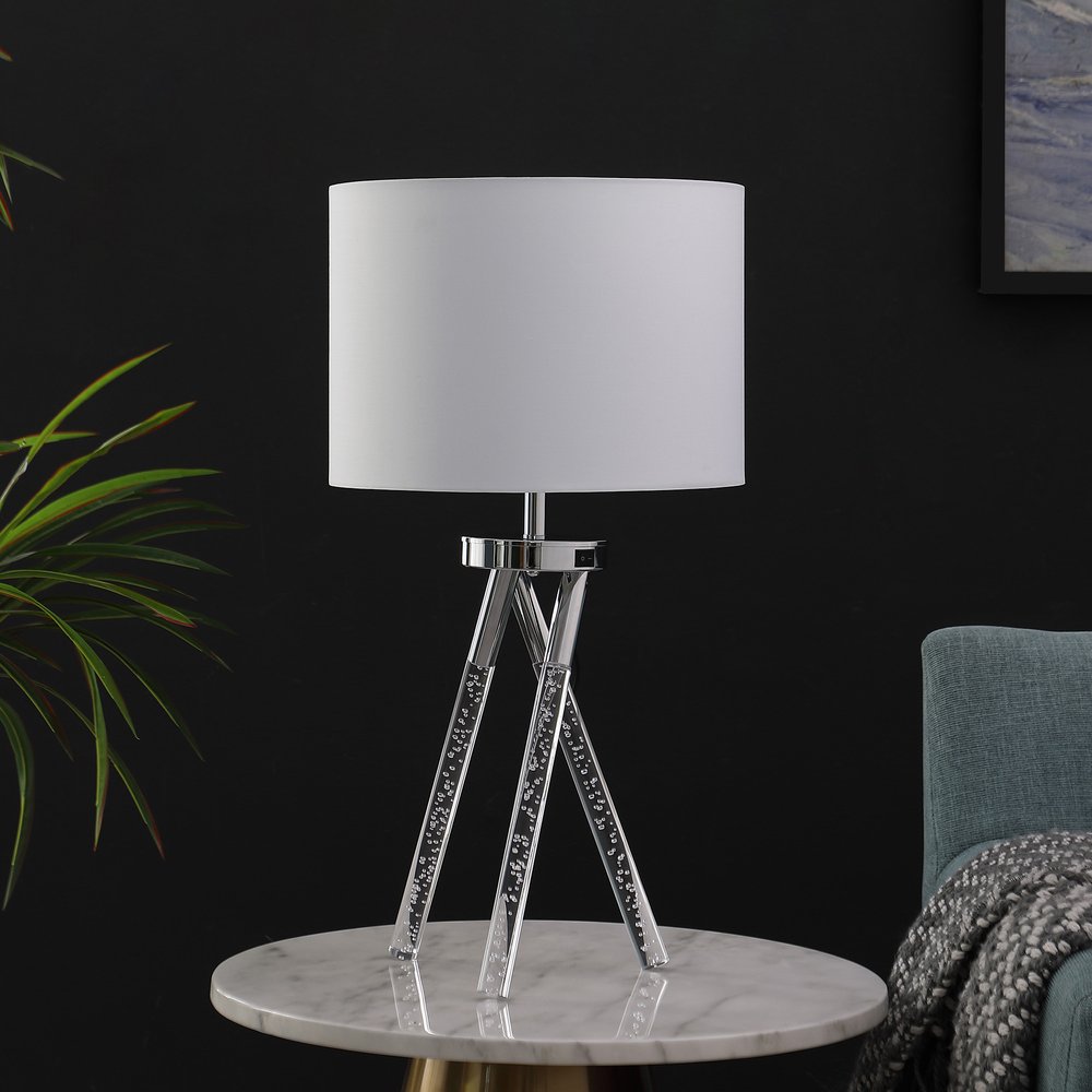 26" Silver and LED Acrylic Tripod Table Lamp With White Shade photographed against a dark studio background in silver.