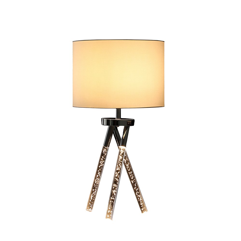 26" Silver and LED Acrylic Tripod Table Lamp With White Shade. Table lamp isolated on a plain white background, in a white finish.
