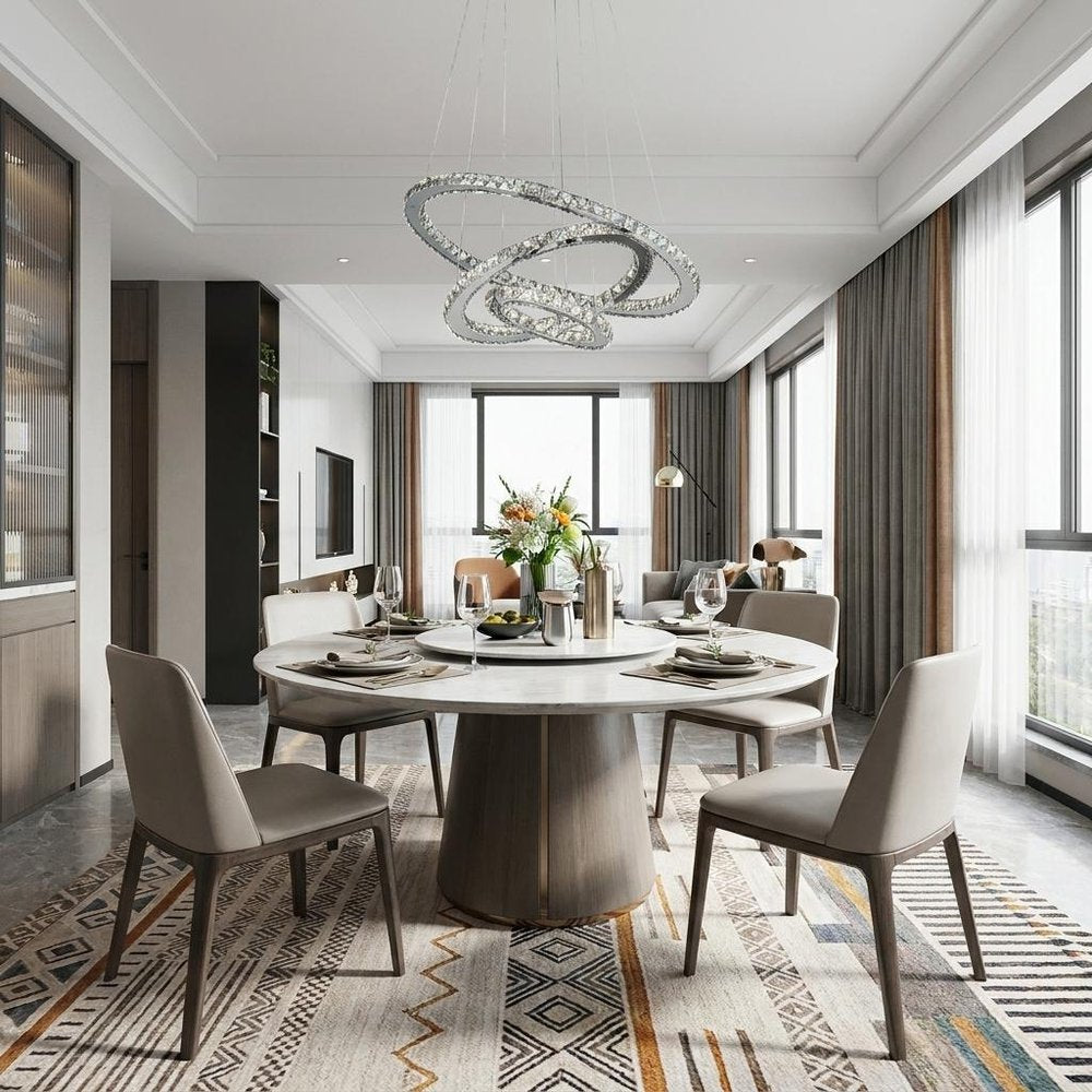 Silver Metal and Crystals LED Dimmable Chandelier in a home interior