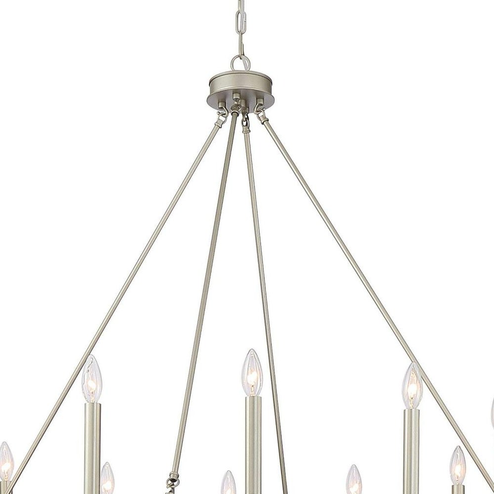 Silver Candle Style Twelve Light Metal Dimmable Chandelier on a white background