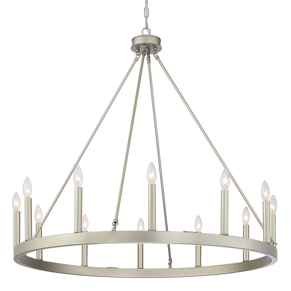 Silver Candle Style Twelve Light Metal Dimmable Chandelier on a white background