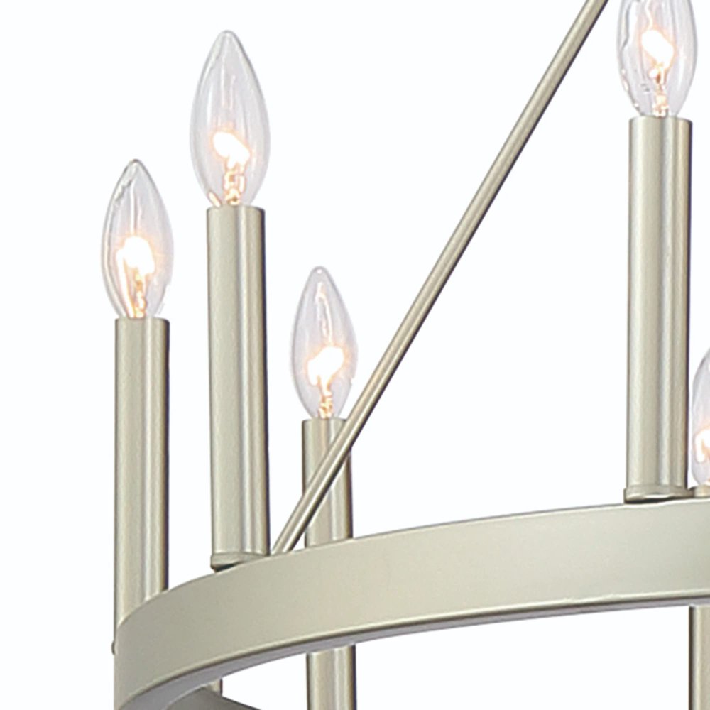 Silver Candle Style Twelve Light Metal Dimmable Chandelier on a white background