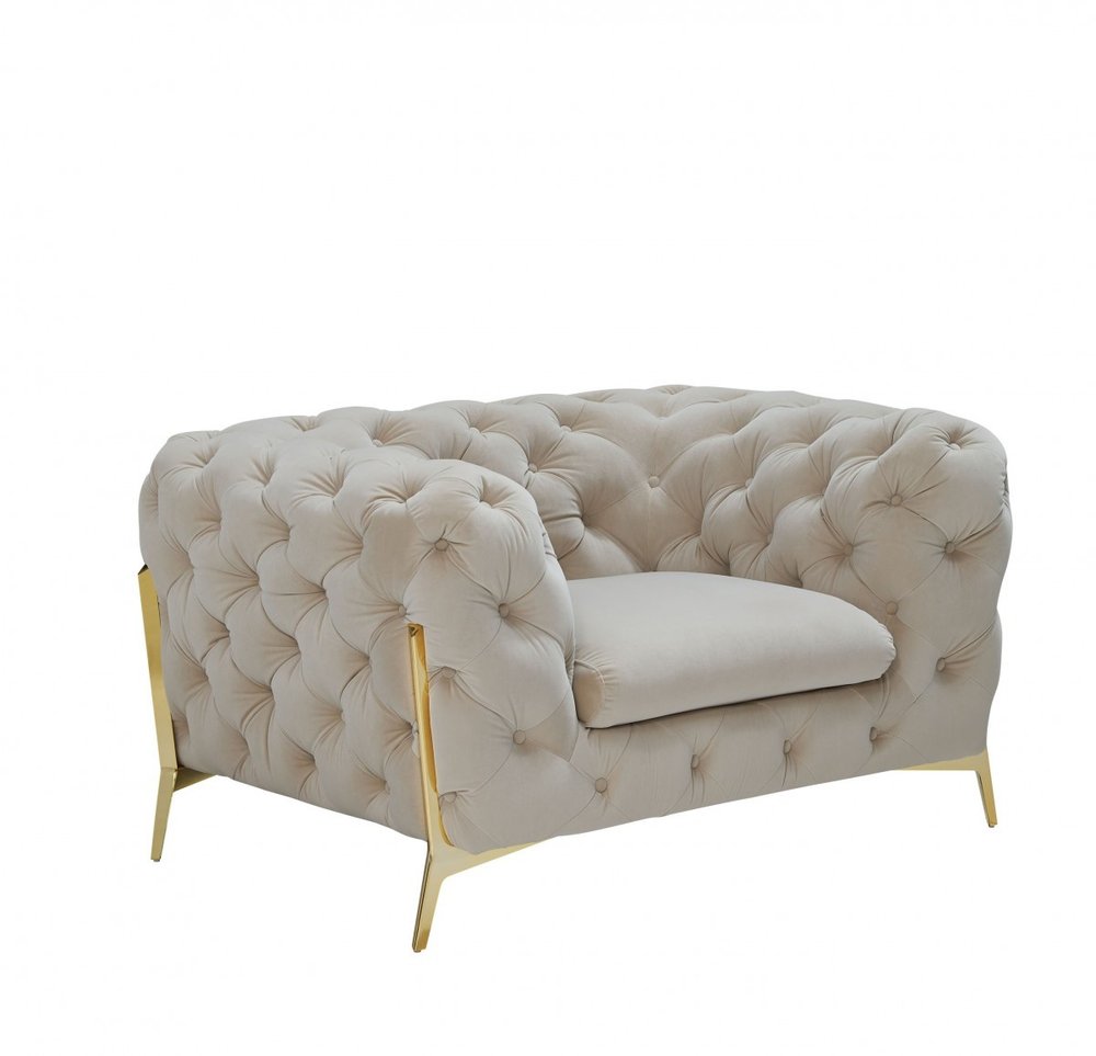 50" Beige And Gold Velvet Tufted Lounge Chair. Accent chair isolated on a plain white background, finished in beige velvet.