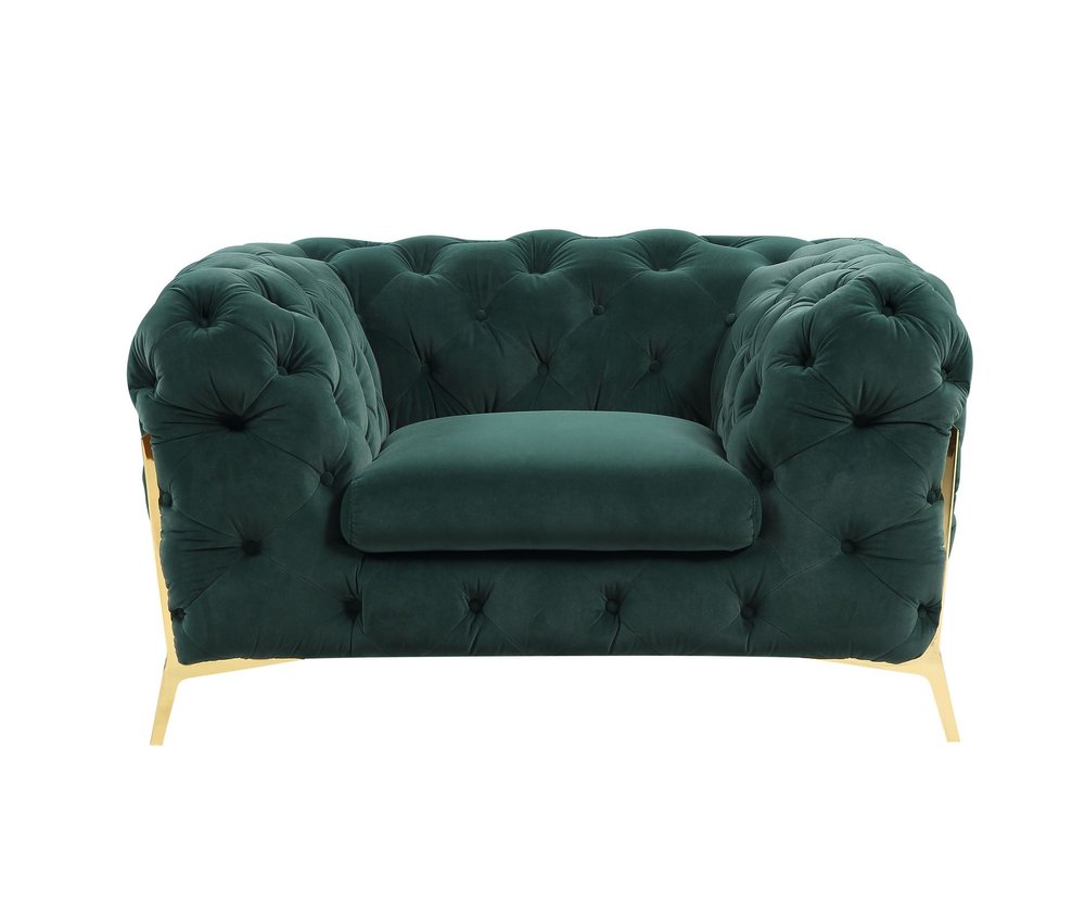 Green velvet tufted club chair with gold legs on a white background.