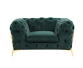 Green velvet tufted club chair with gold legs on a white background.