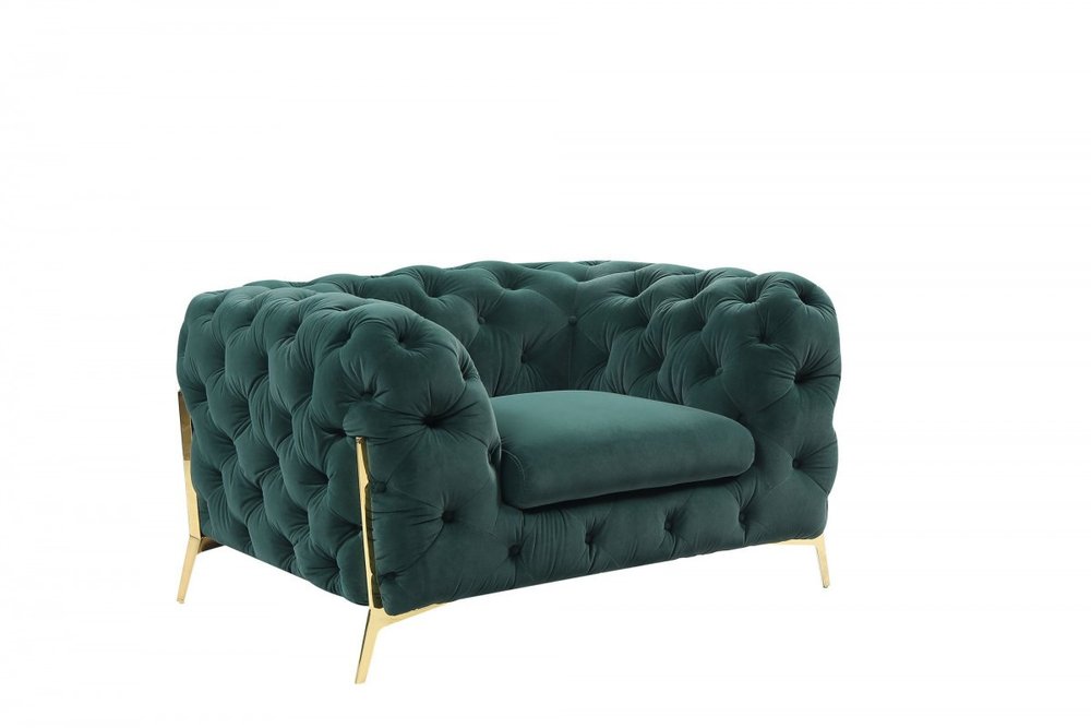 50" Green And Gold Velvet Tufted Club Chair. Accent chair isolated on a plain white background, showing a green velvet surface.