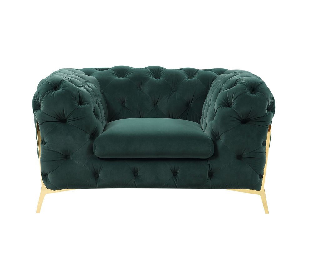 50" Green And Gold Velvet Tufted Club Chair. Accent chair isolated on a plain white background, showing a green velvet surface.
