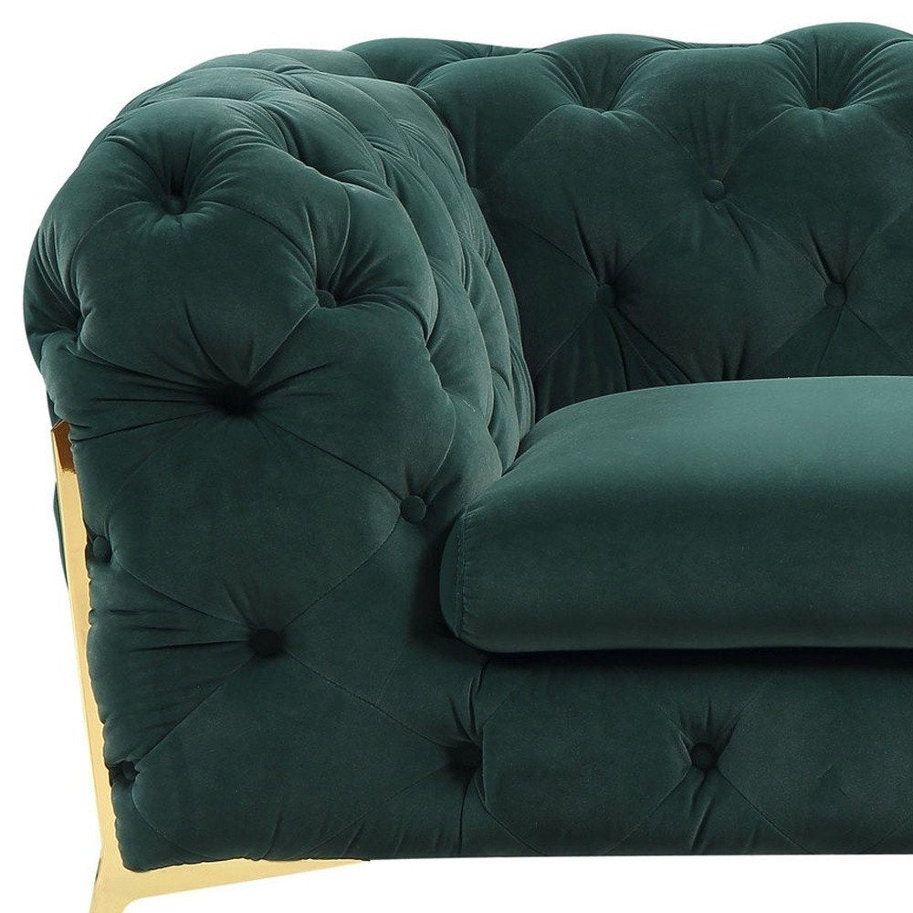 50" Green And Gold Velvet Tufted Club Chair. Accent chair isolated on a plain white background, in a green velvet finish.