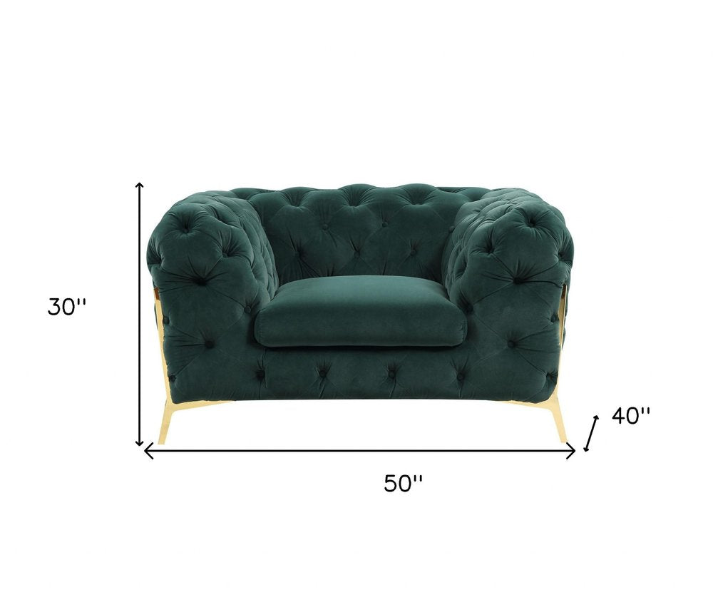50" Green And Gold Velvet Tufted Club Chair. Accent chair isolated on a plain white background, in a green velvet finish.