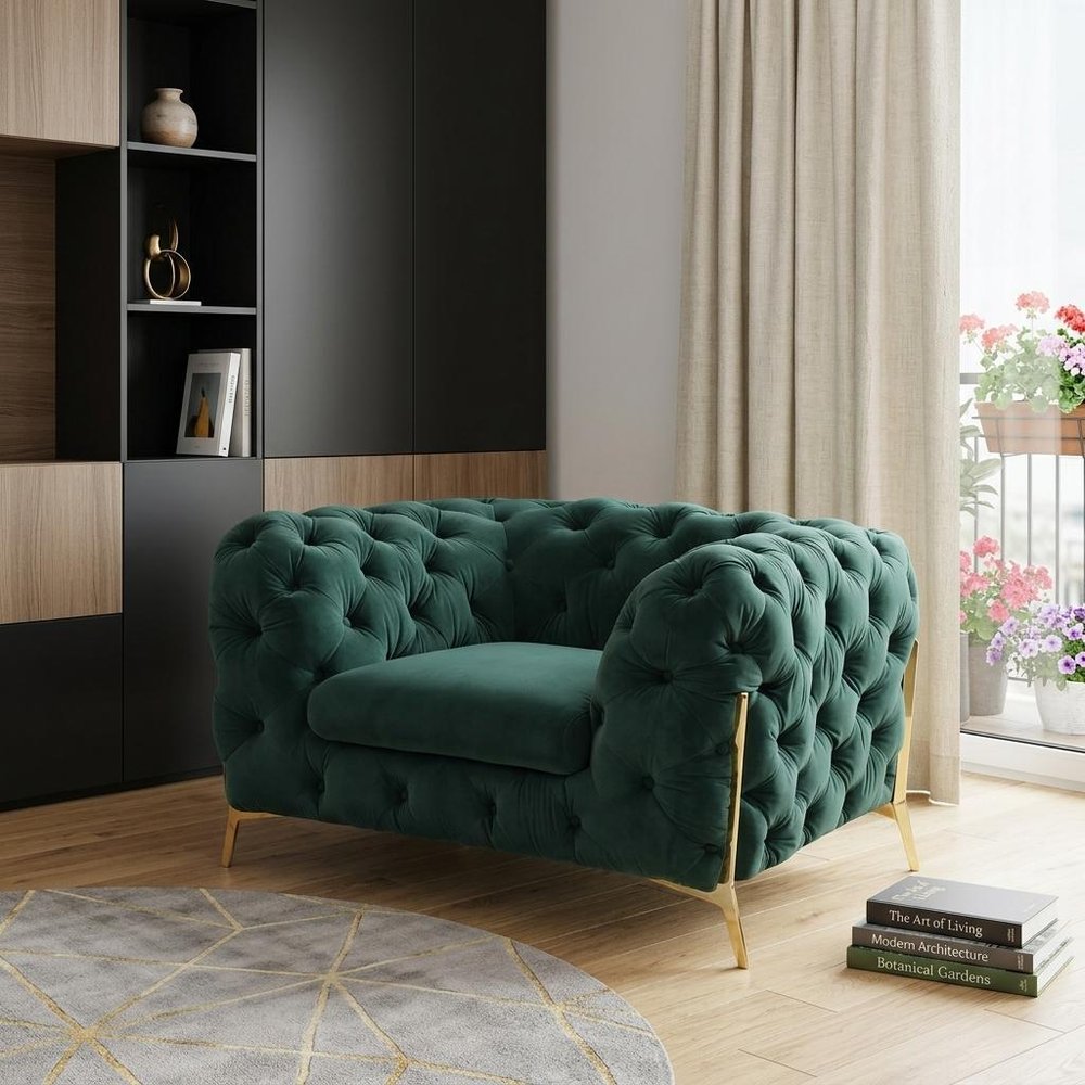 50" Green And Gold Velvet Tufted Club Chair. Accent chair in gold velvet.