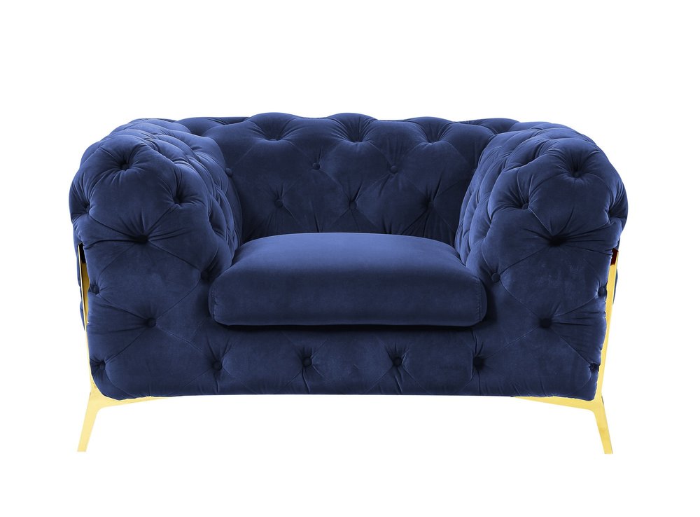 50" Blue And Gold Velvet Tufted Lounge Chair. Accent chair isolated on a plain white background, finished in blue velvet.