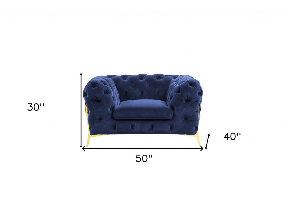 50" Blue And Gold Velvet Tufted Lounge Chair. Accent chair isolated on a plain white background, showing a blue velvet surface.
