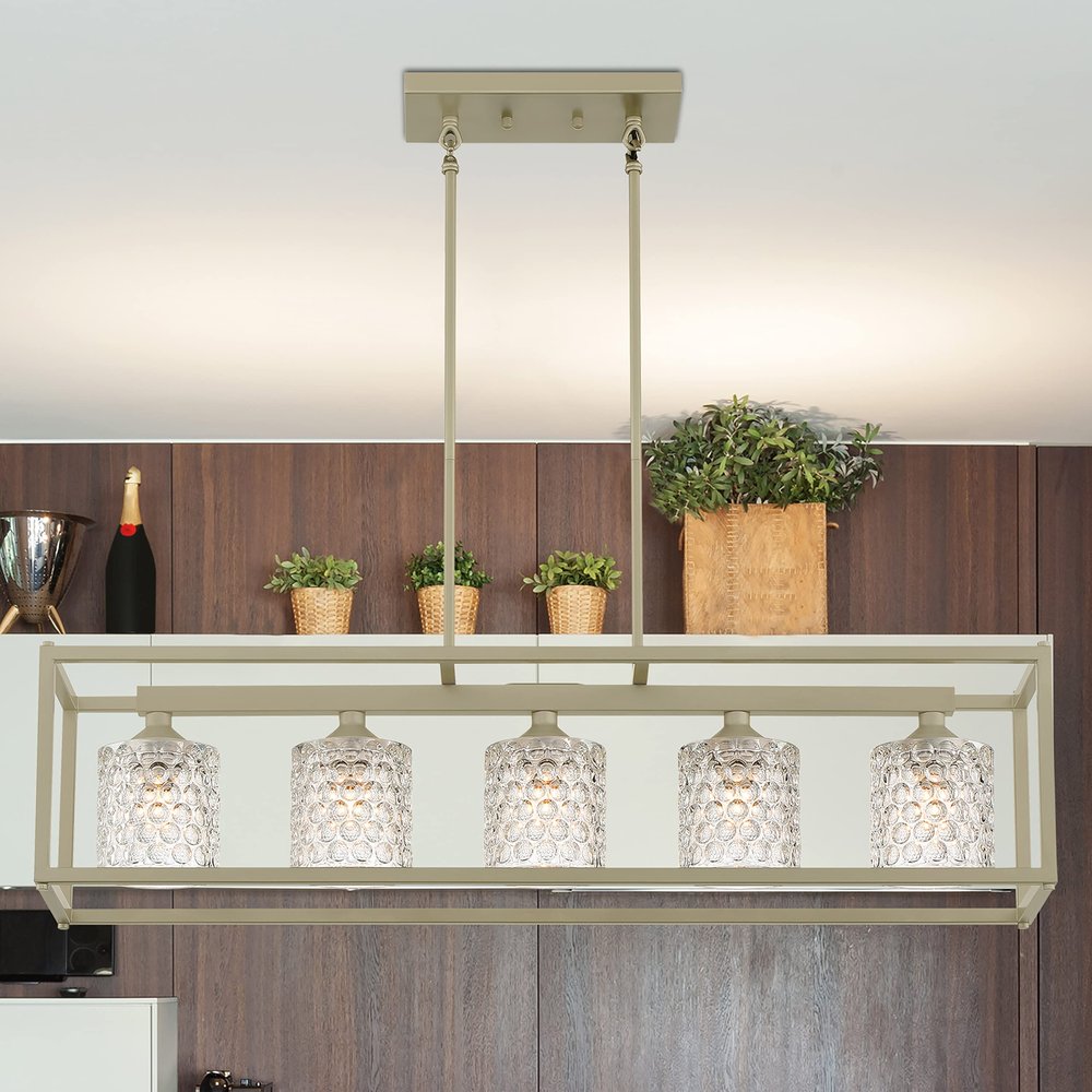 Silver Kitchen Island Five Light Metal Dimmable Chandelier With Clear Shades in a home interior