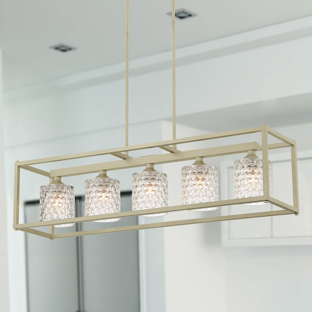 Silver Kitchen Island Five Light Metal Dimmable Chandelier With Clear Shades on a white background