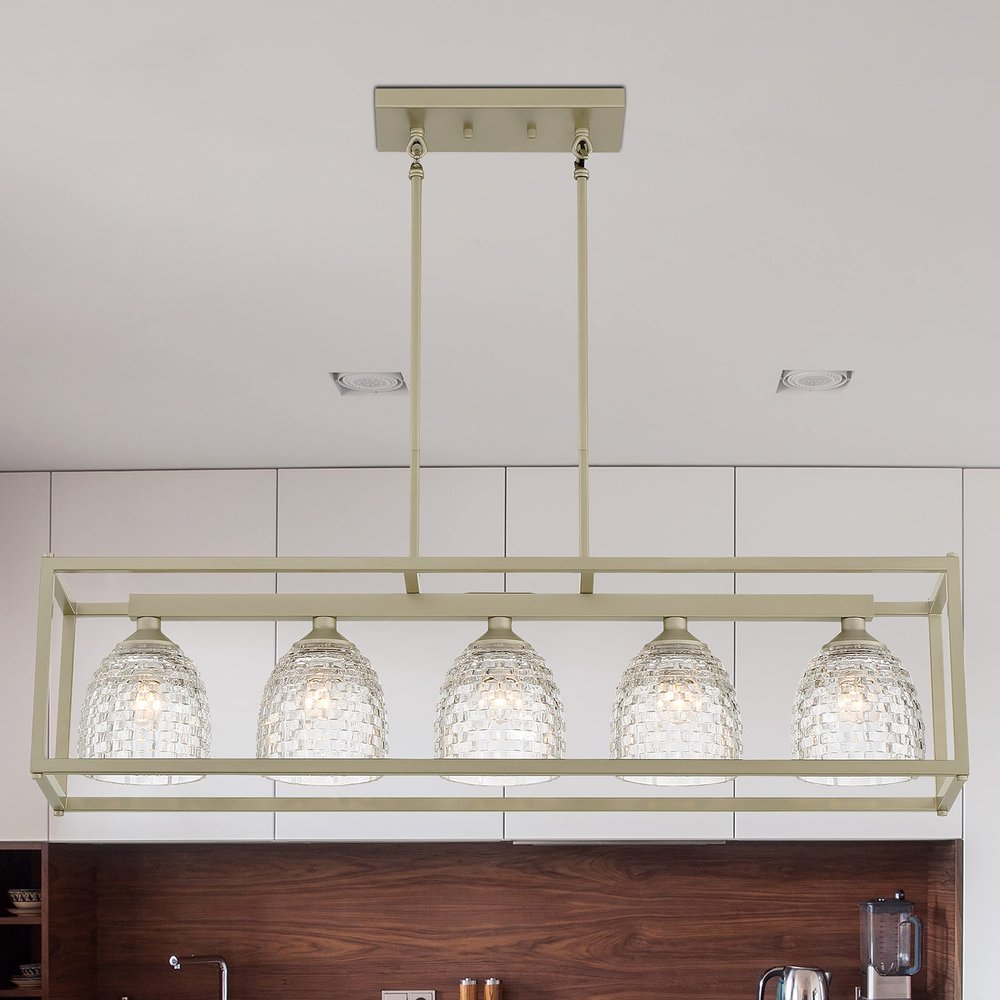Clear Kitchen Island Five Light Metal Dimmable Chandelier With Clear Shades in a home interior