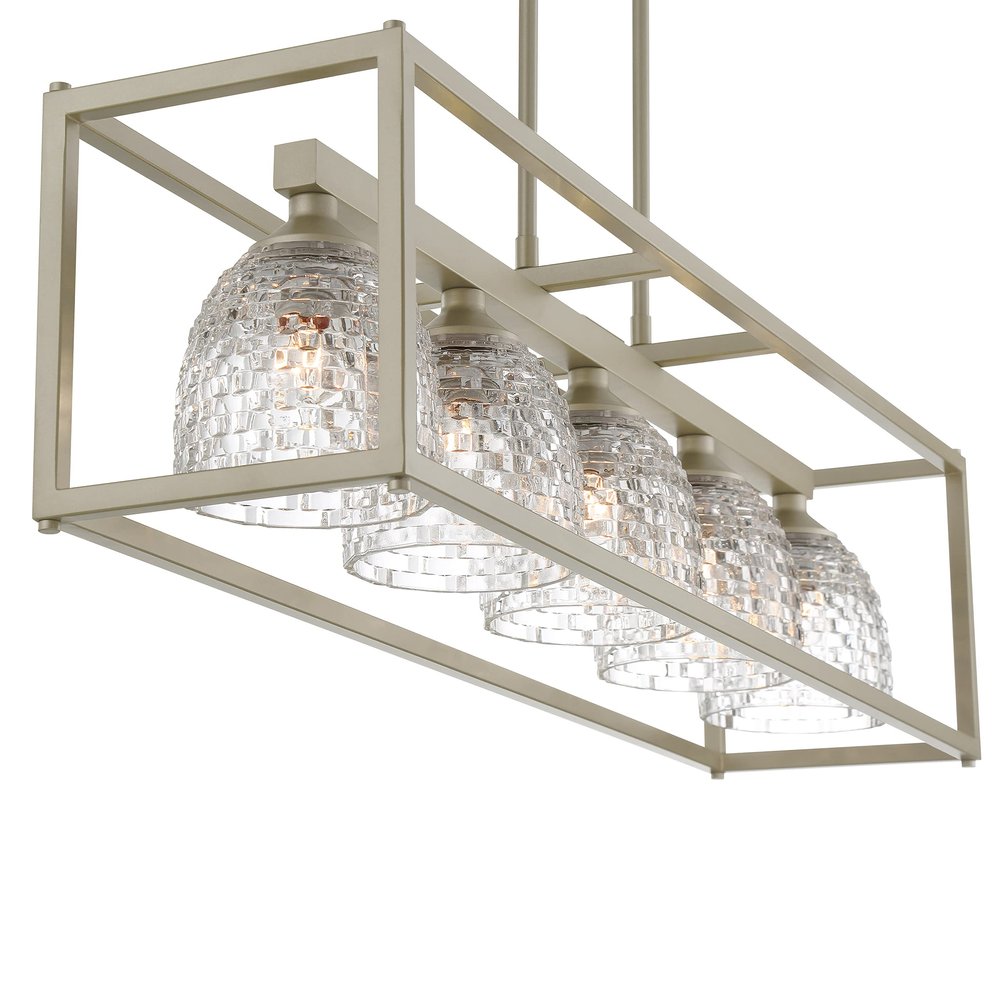 Clear Kitchen Island Five Light Metal Dimmable Chandelier With Clear Shades on a white background