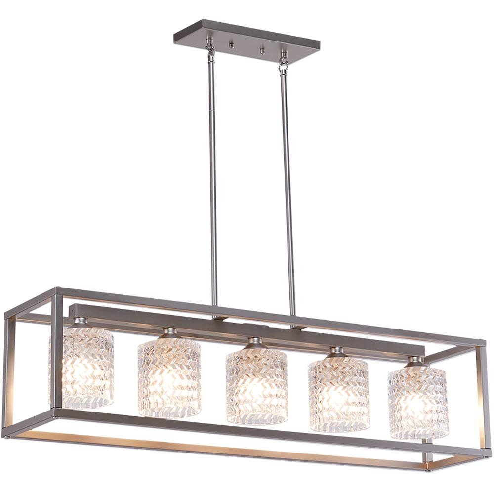 Clear Kitchen Island Five Light Metal Dimmable Chandelier With Clear Shades on a white background