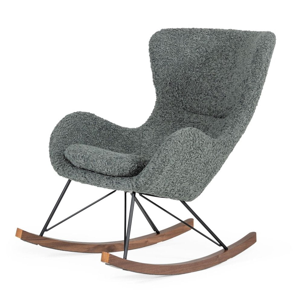 Gray faux fur rocking chair with black metal legs and solid wood rockers on a white background.