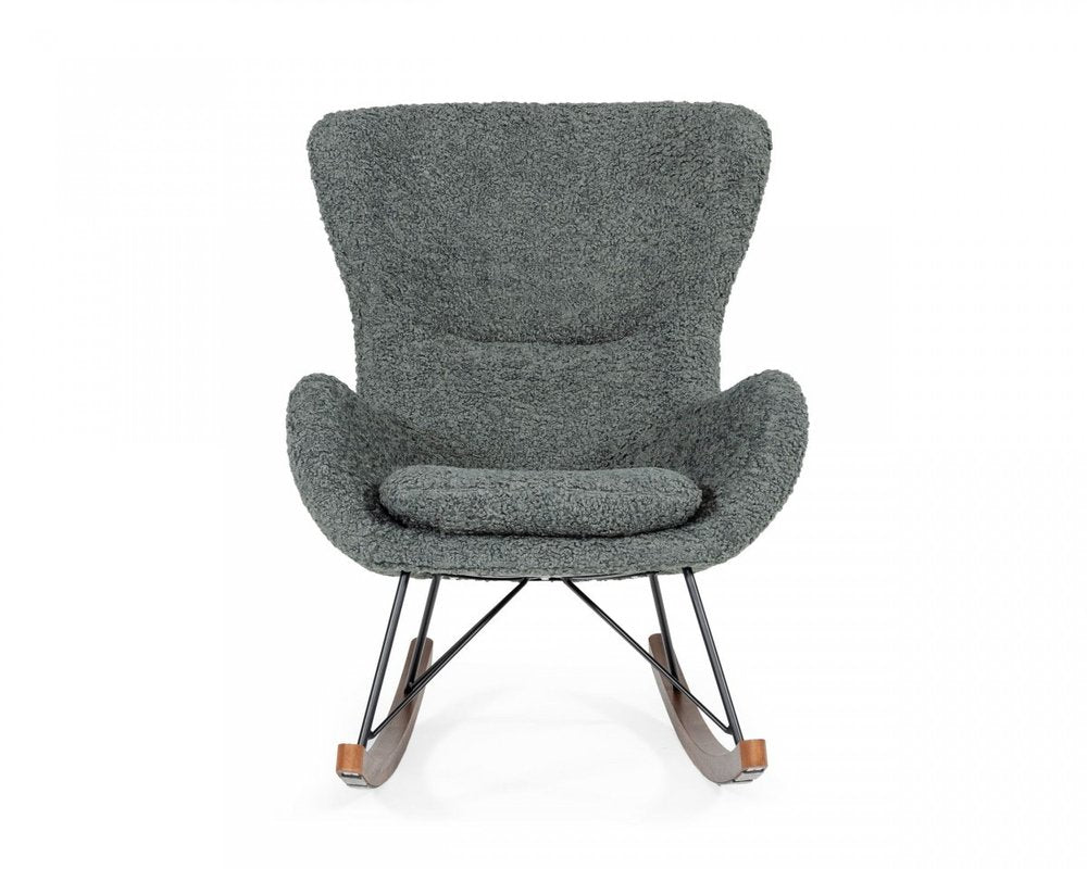 30" Gray and Brown Faux Fur Metal And Solid Wood Rocking Chair. Rocking chair isolated on a plain white background, in a gray wood finish.