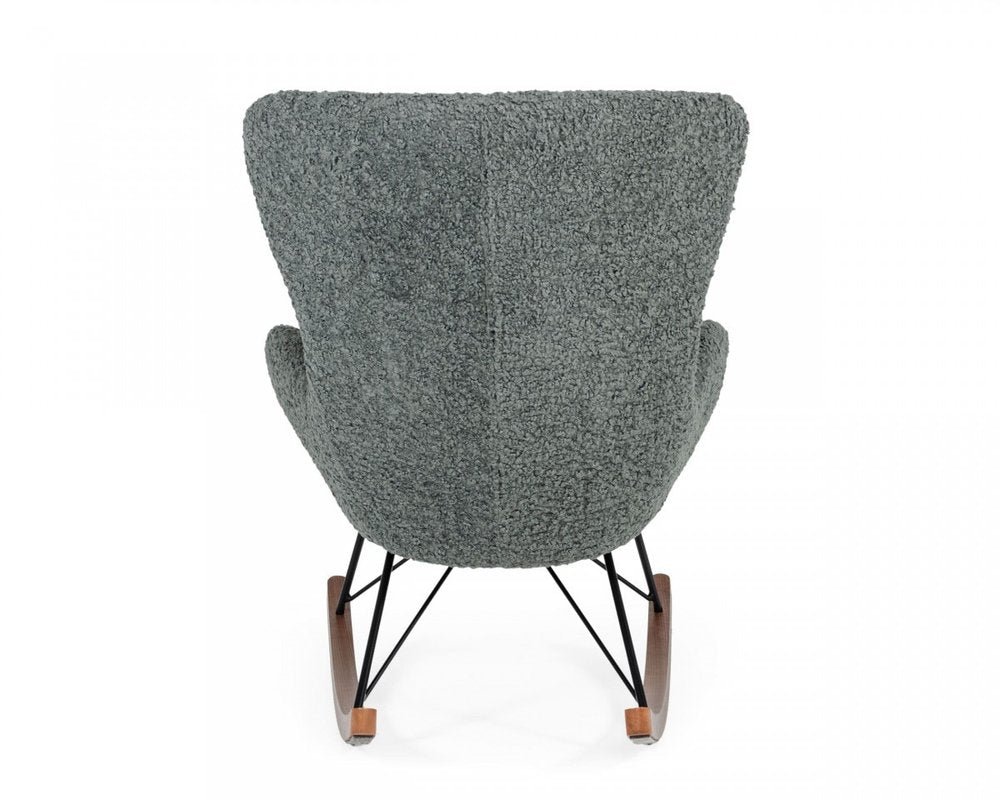 30" Gray and Brown Faux Fur Metal And Solid Wood Rocking Chair. Rocking chair isolated on a plain white background, in a gray wood finish.