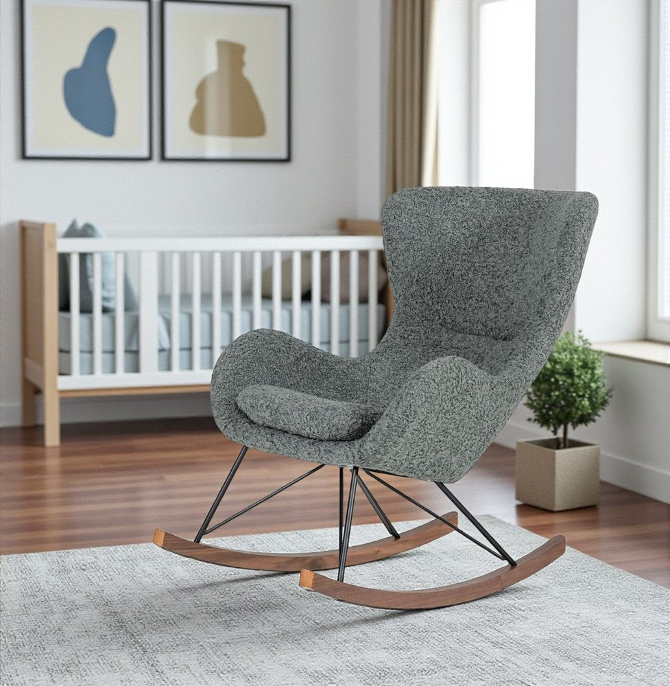 30" Gray and Brown Faux Fur Metal And Solid Wood Rocking Chair. Rocking chair isolated on a plain white background, finished in gray wood.