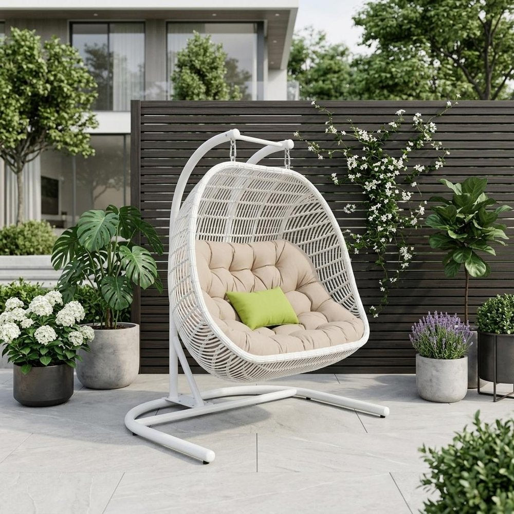 69" Beige and White Metal Indoor Outdoor Swing Chair with Beige Cushion