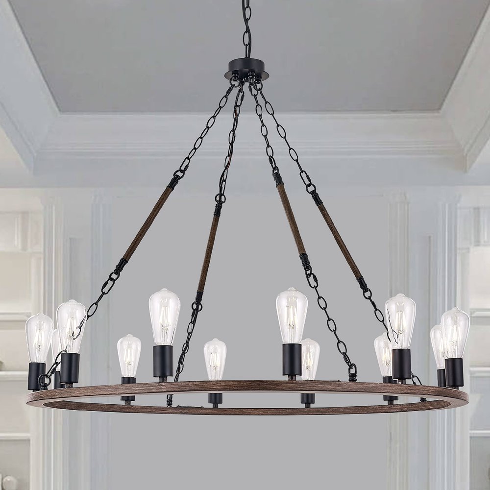 Brown And Black Candle Style Twelve Light Metal Dimmable Chandelier on a white background