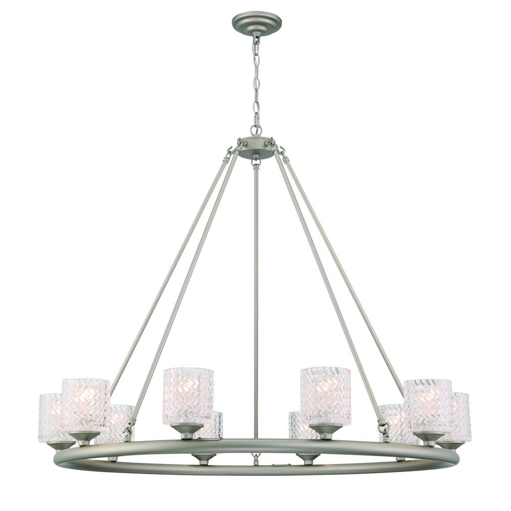 Silver Shaded Ten Light Metal Dimmable Chandelier With White Shades on a white background