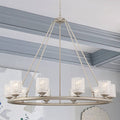 Silver Shaded Ten Light Metal Dimmable Chandelier With White Shades on a white background