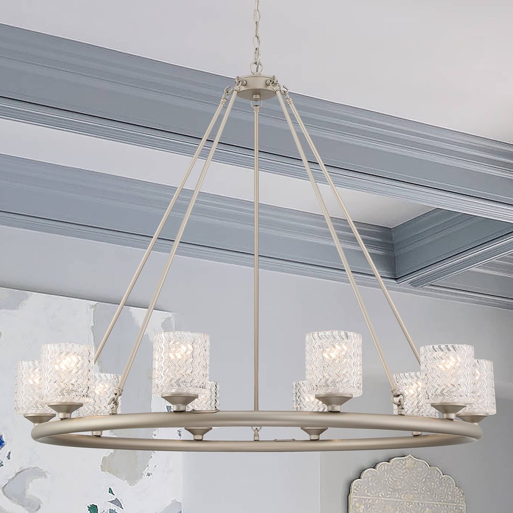 Silver Shaded Ten Light Metal Dimmable Chandelier With White Shades on a white background