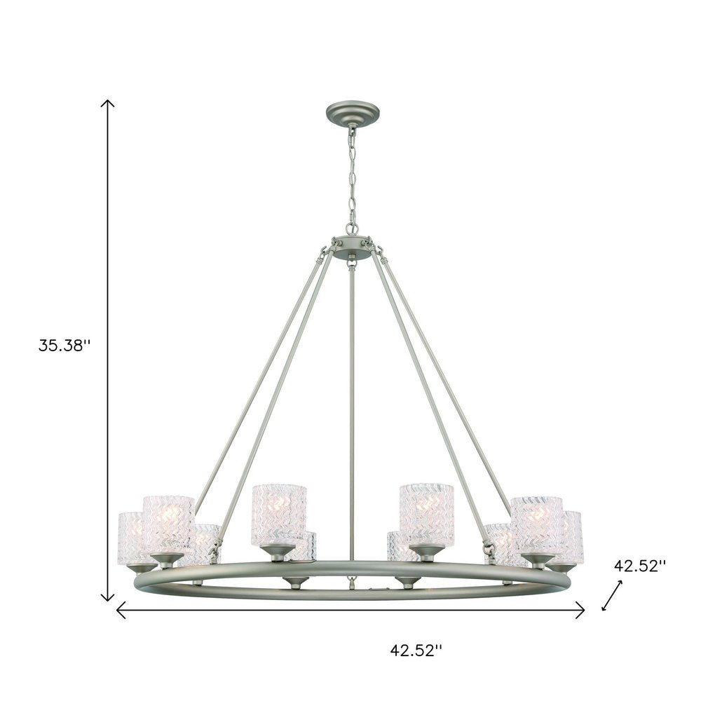 Silver Shaded Ten Light Metal Dimmable Chandelier With White Shades on a white background