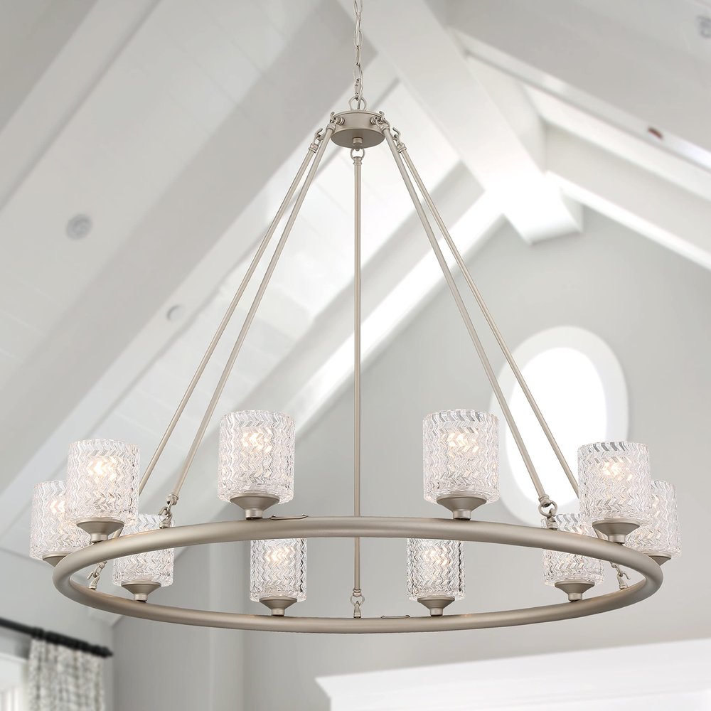 Silver Shaded Ten Light Metal Dimmable Chandelier With White Shades on a white background