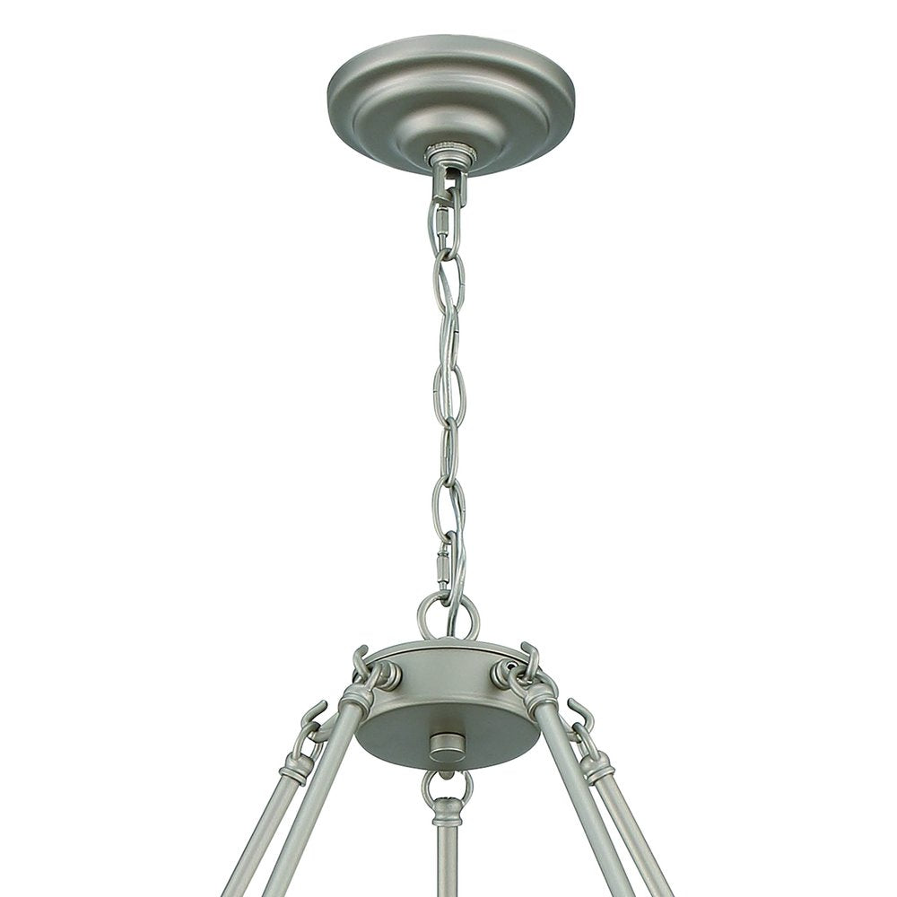 Silver Shaded Ten Light Metal Dimmable Chandelier With White Shades on a white background