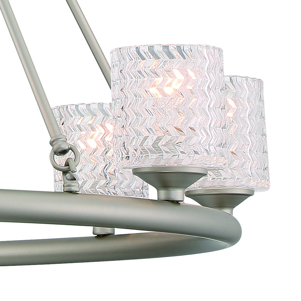 Silver Shaded Ten Light Metal Dimmable Chandelier With White Shades on a white background