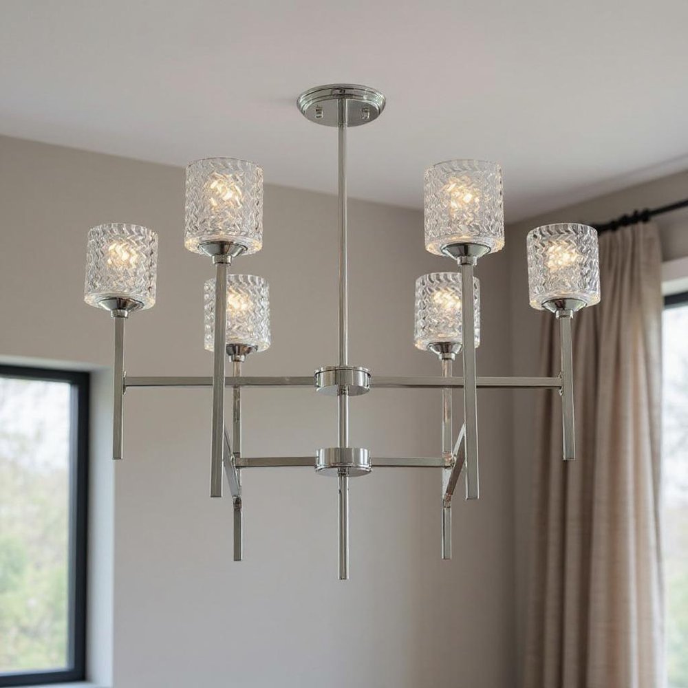 Silver Candle Style Six Light Metal Dimmable Chandelier With Clear Shades