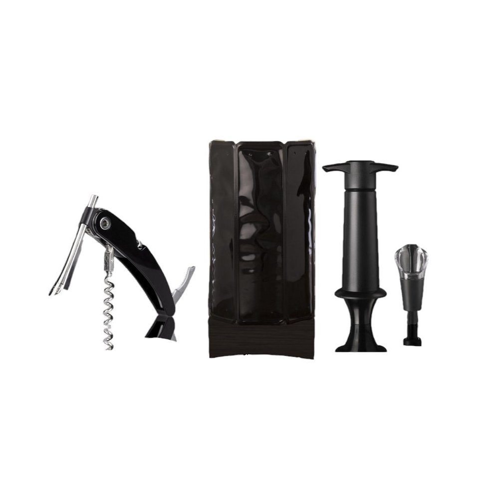Black plastic wine tool set including a corkscrew, vacuum pump, and aerator on a white background.