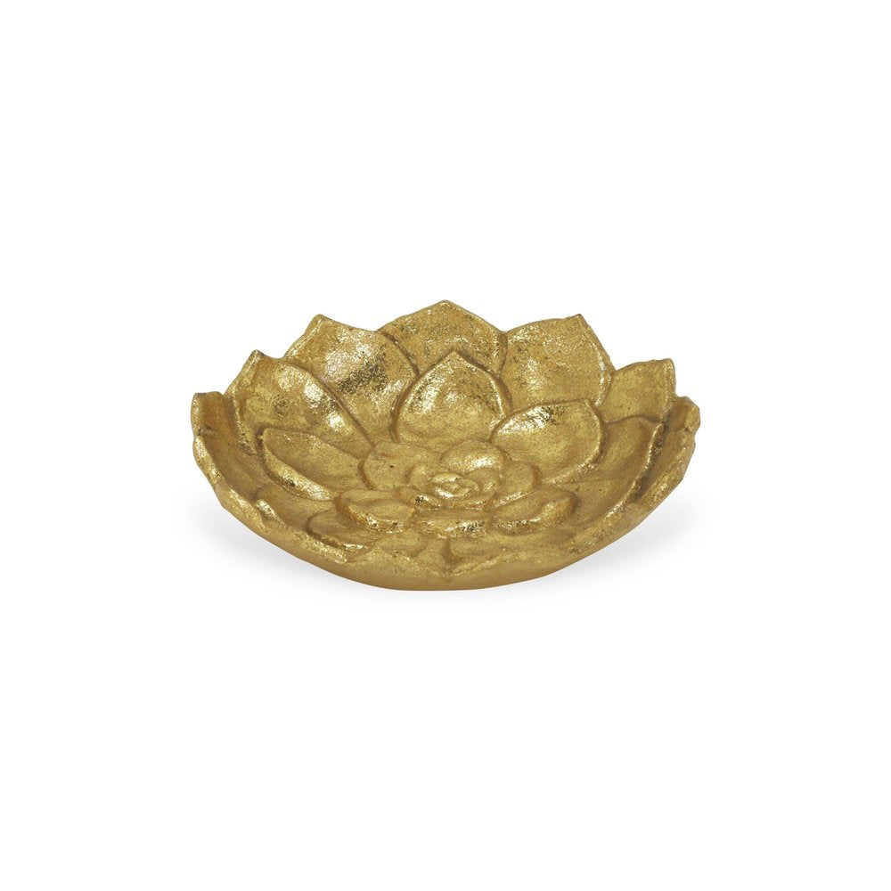 6" Gold Lotus Flower Metal Lotus Leaf Handmade Vanity Tray. Serving bowl isolated on a plain white background, in a gold metal finish.