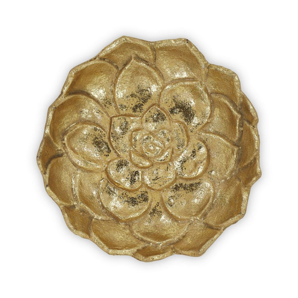 6" Gold Lotus Flower Metal Lotus Leaf Handmade Vanity Tray. Serving bowl isolated on a plain white background, finished in gold metal.
