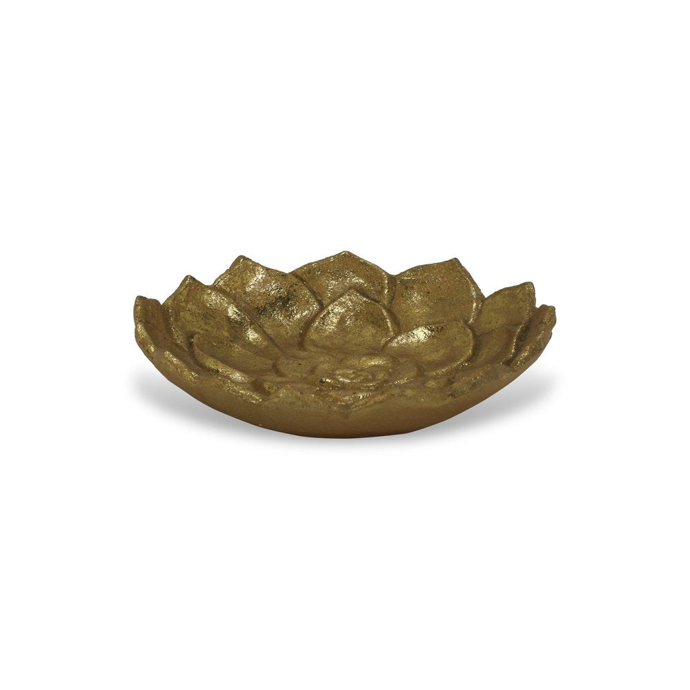 6" Gold Lotus Flower Metal Lotus Leaf Handmade Vanity Tray. Serving bowl isolated on a plain white background, showing a gold metal surface.