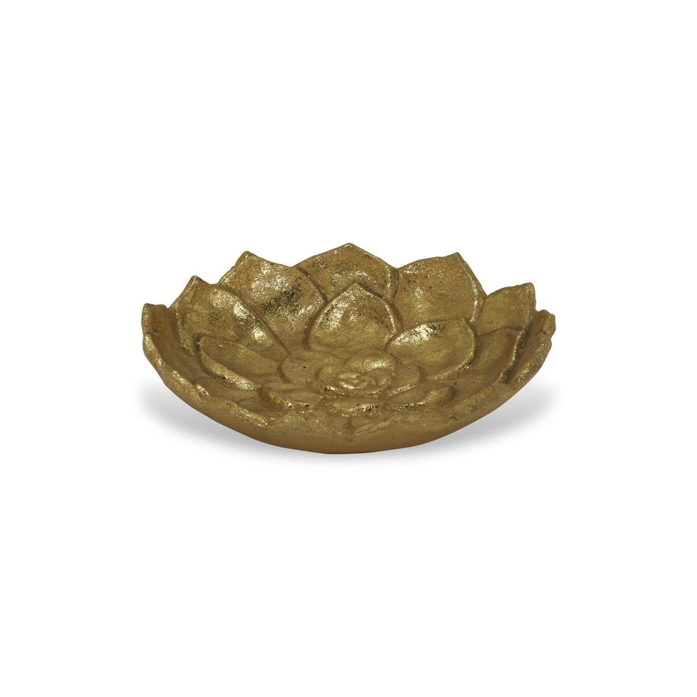 6" Gold Lotus Flower Metal Lotus Leaf Handmade Vanity Tray. Serving bowl isolated on a plain white background, finished in gold metal.