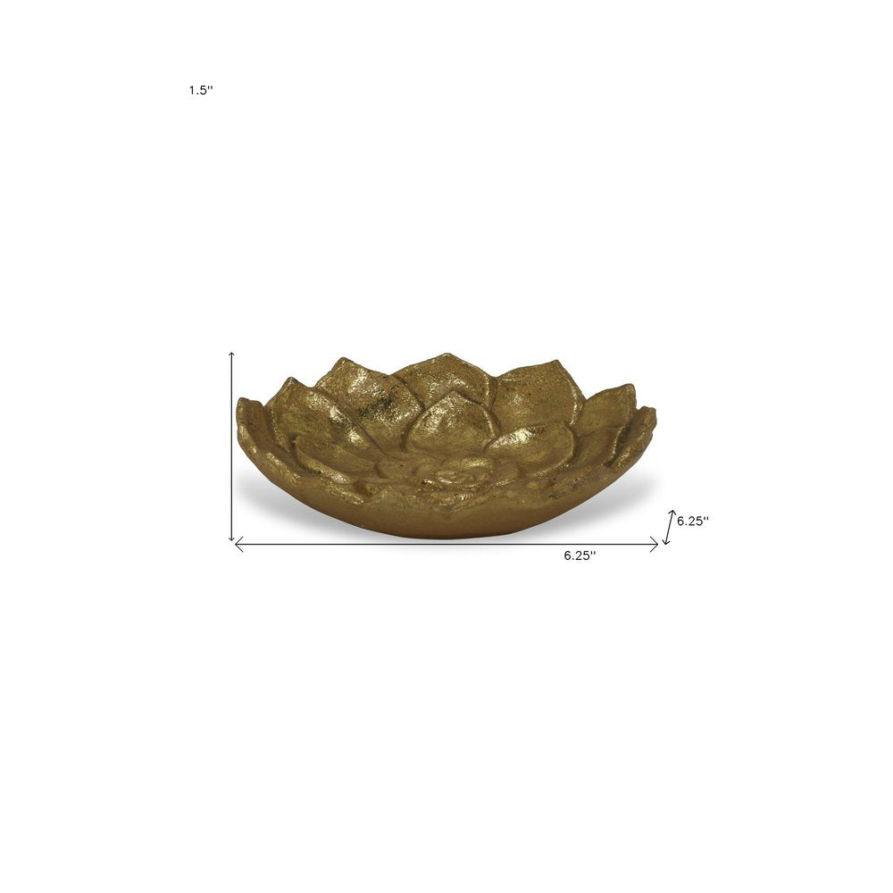 6" Gold Lotus Flower Metal Lotus Leaf Handmade Vanity Tray. Serving bowl isolated on a plain white background, showing a metal surface.