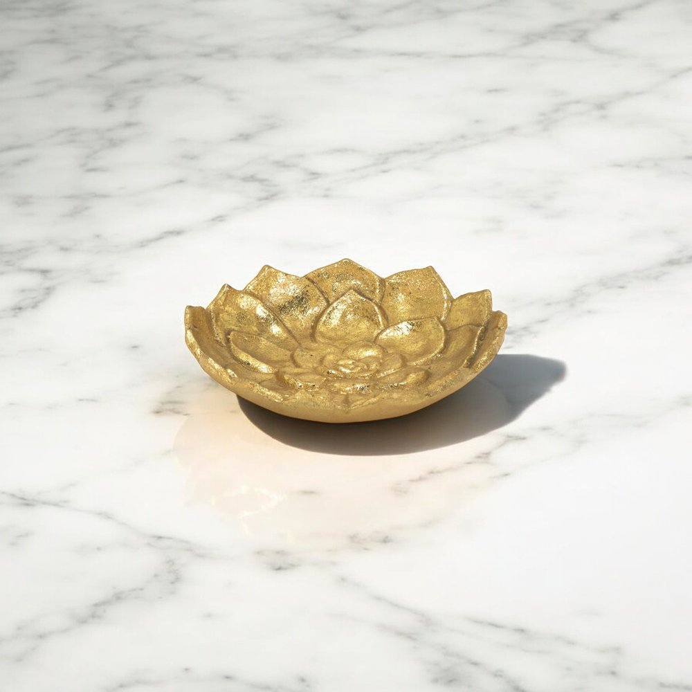 6" Gold Lotus Flower Metal Lotus Leaf Handmade Vanity Tray. Serving bowl isolated on a plain white background, in a gold metal finish.
