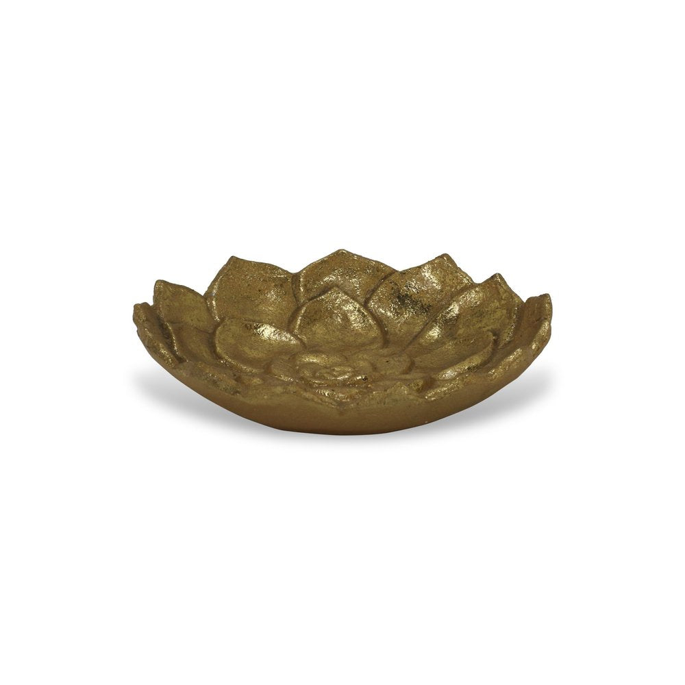 6" Gold Lotus Flower Metal Lotus Leaf Handmade Vanity Tray. Serving bowl isolated on a plain white background, finished in gold metal.