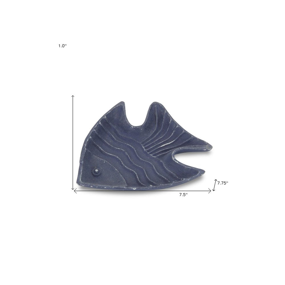 8" Blue Angel Fish Cast Iron Vanity Tray Tray on a white background