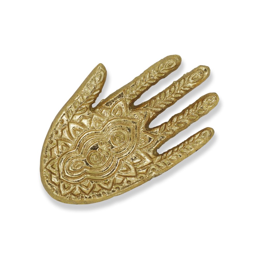 5" Gold Hamza Metal Handmade Tray. Serving bowl isolated on a plain white background, in a gold metal finish.